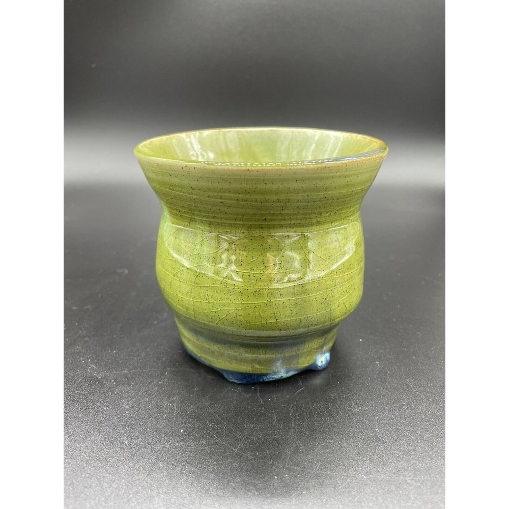 Studio Pottery Planter Hand Thrown Green with Blue accent Signed